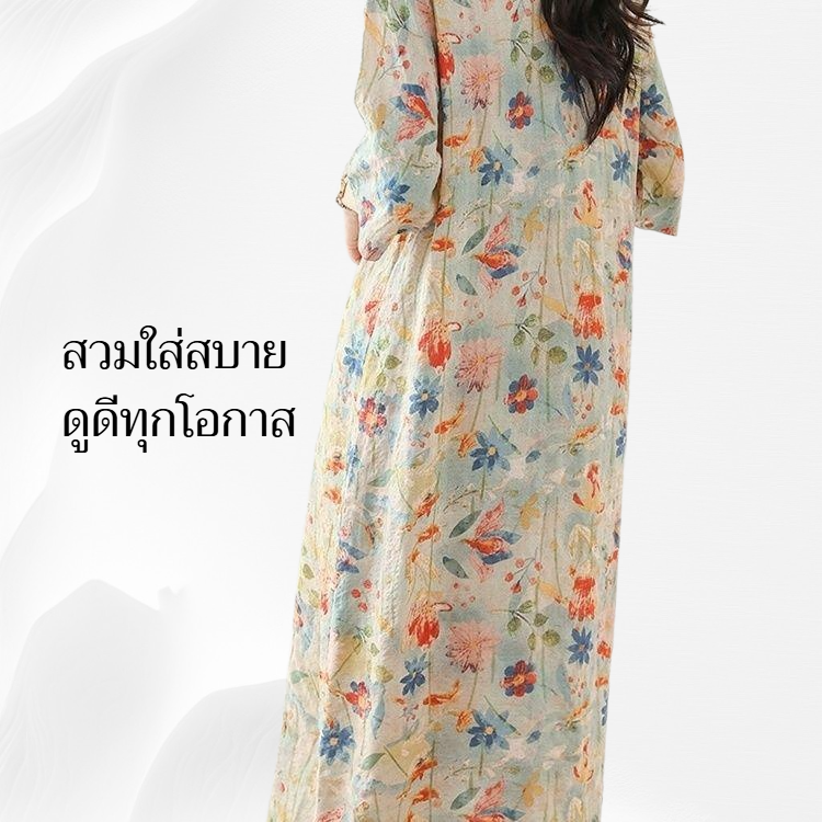 เดรสสไตล์จีนใหม่ ผ้าฝ้ายผ้าลินิน คอจีนติดกระดุม ลายดอกไม้ แขนสั้น ใส่สบายในฤดูร้อน