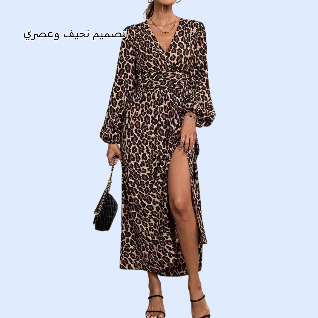 فستان أنيق بفتحة رقبة على شكل حرف V وخصر