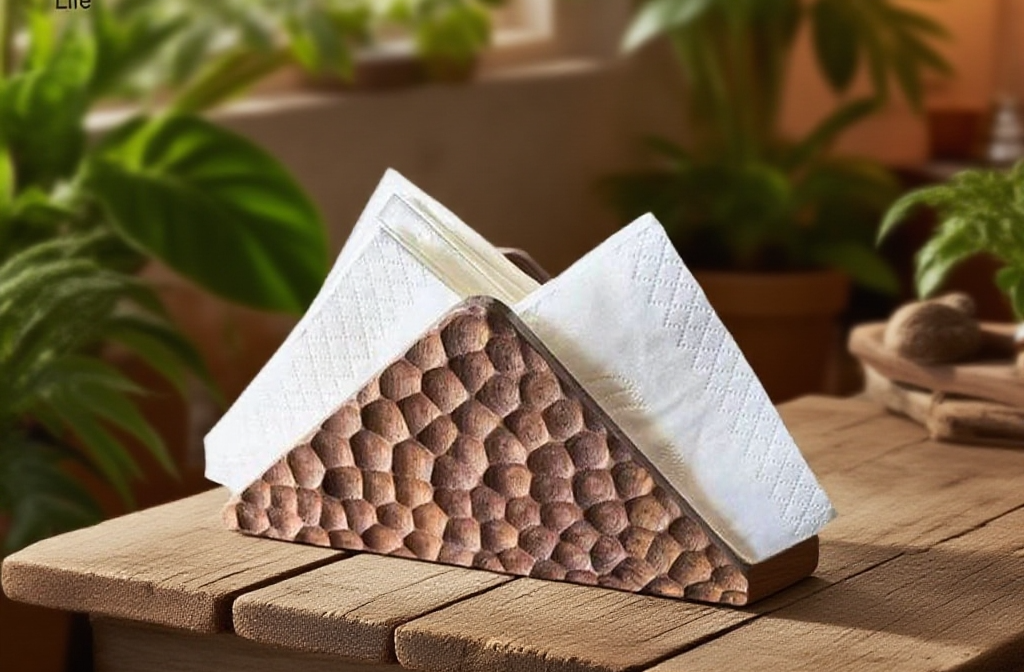 實木材質三角形紙巾架側面照