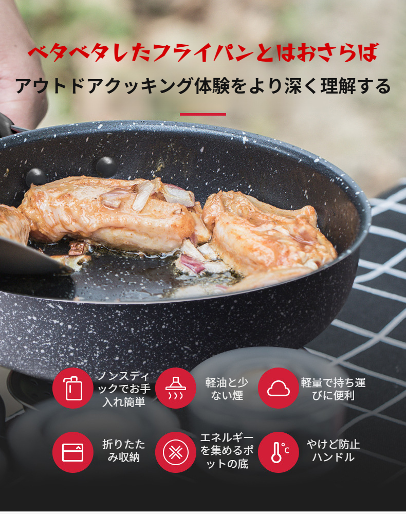 アウトドアキャンプ用ノンスティック折りたたみフライパン正面画像