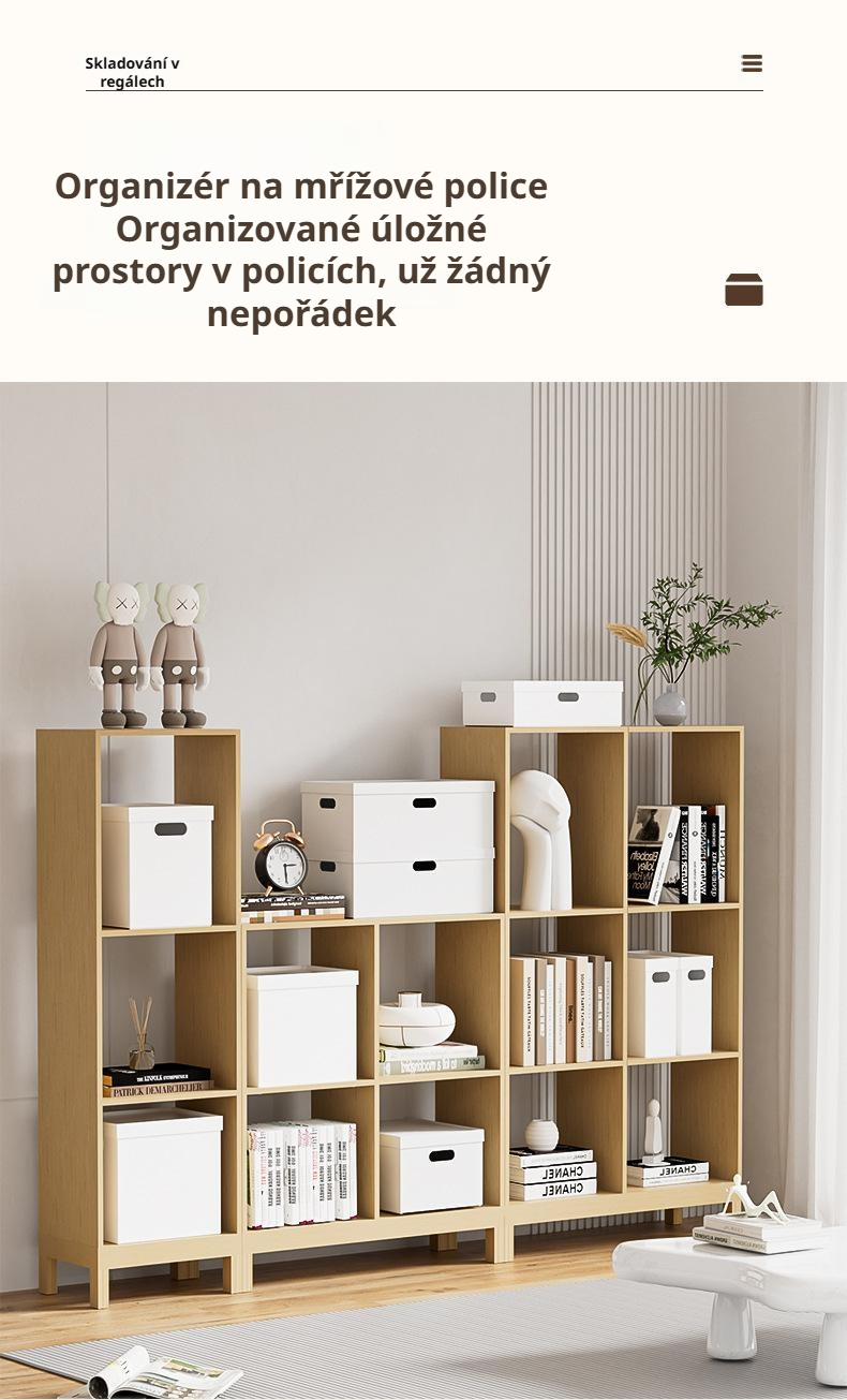 Japonský pravý úhlový knihovní regál v moderním interiéru