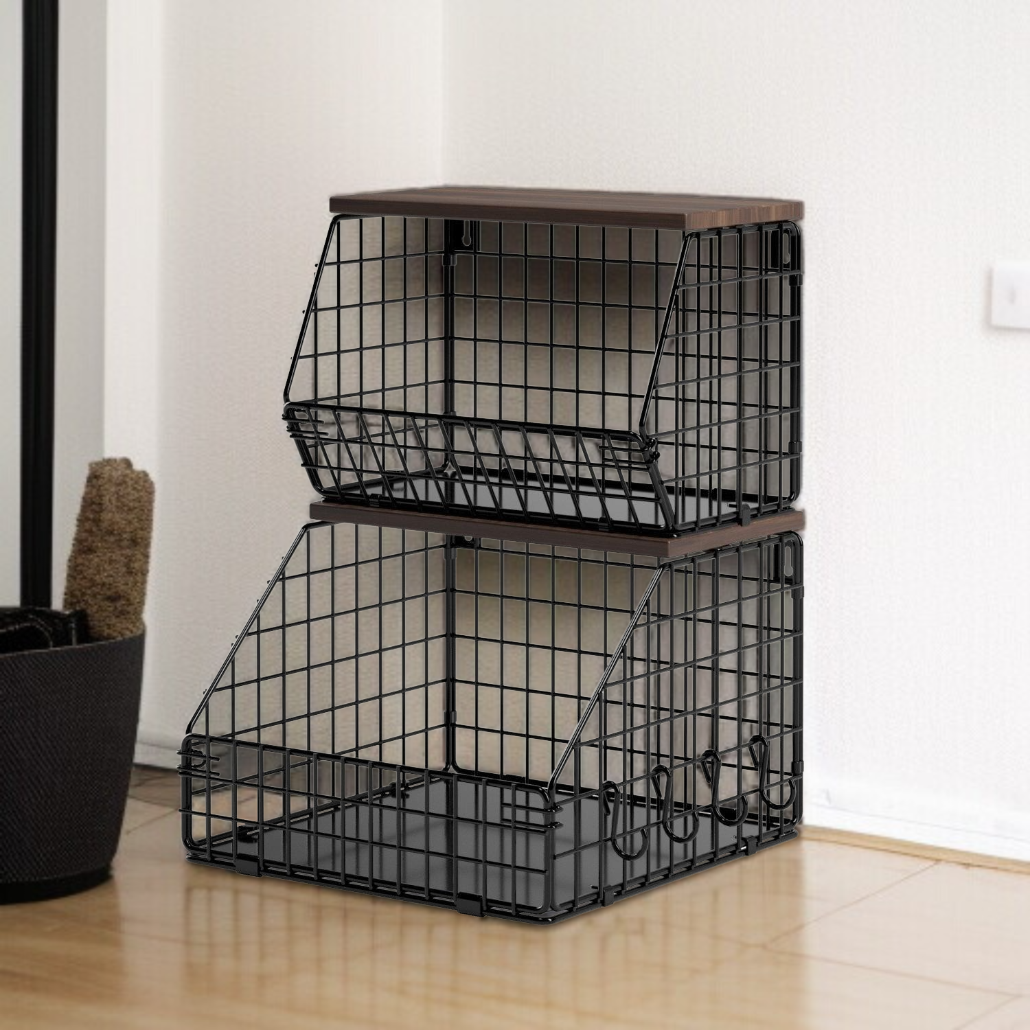 Wall-mounted kitchen rack thickened iron and wooden storage rack foldable vegetable and fruit storag