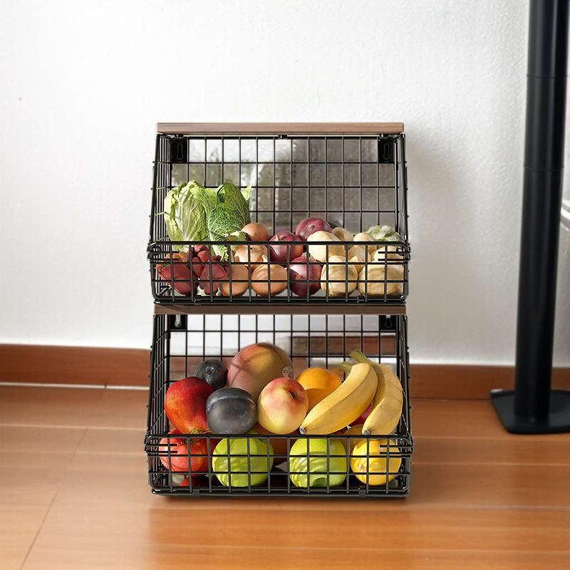 Wall-mounted kitchen rack thickened iron and wooden storage rack foldable vegetable and fruit storag