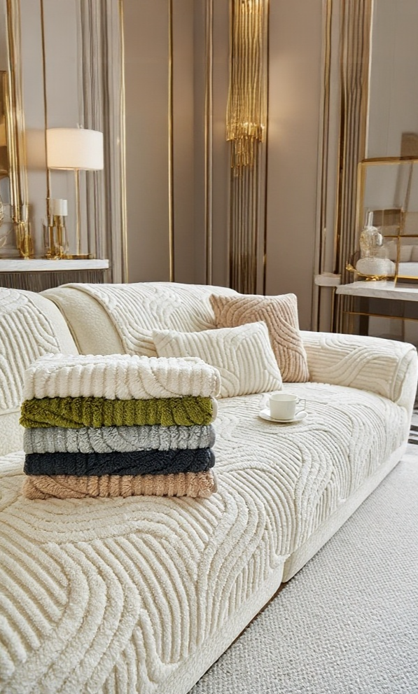 Close-up of thick cotton velvet sofa protector