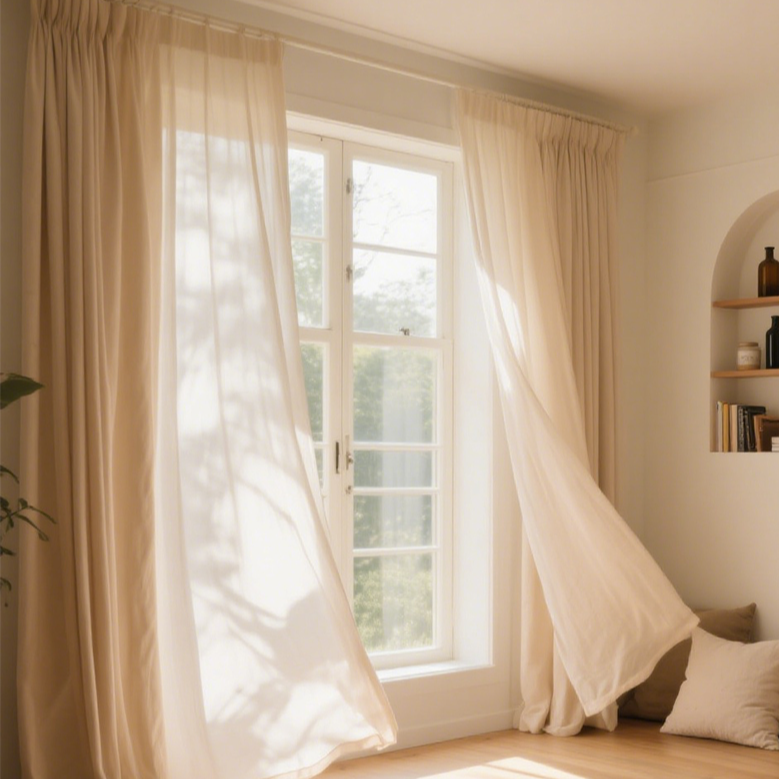 리넨 거즈 소재로 빛 투과성이 뛰어나면서도 그림자가 지지 않는 페어리 커튼