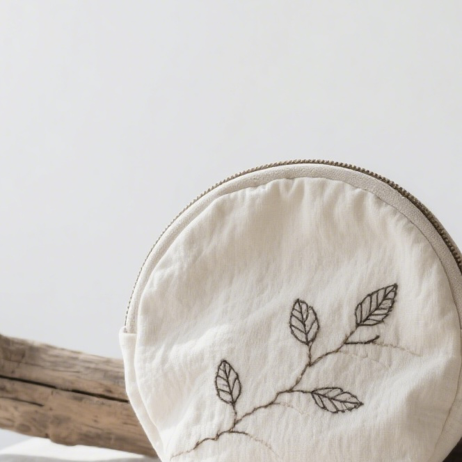 Monedero de lino con elementos botánicos estilo naturalista