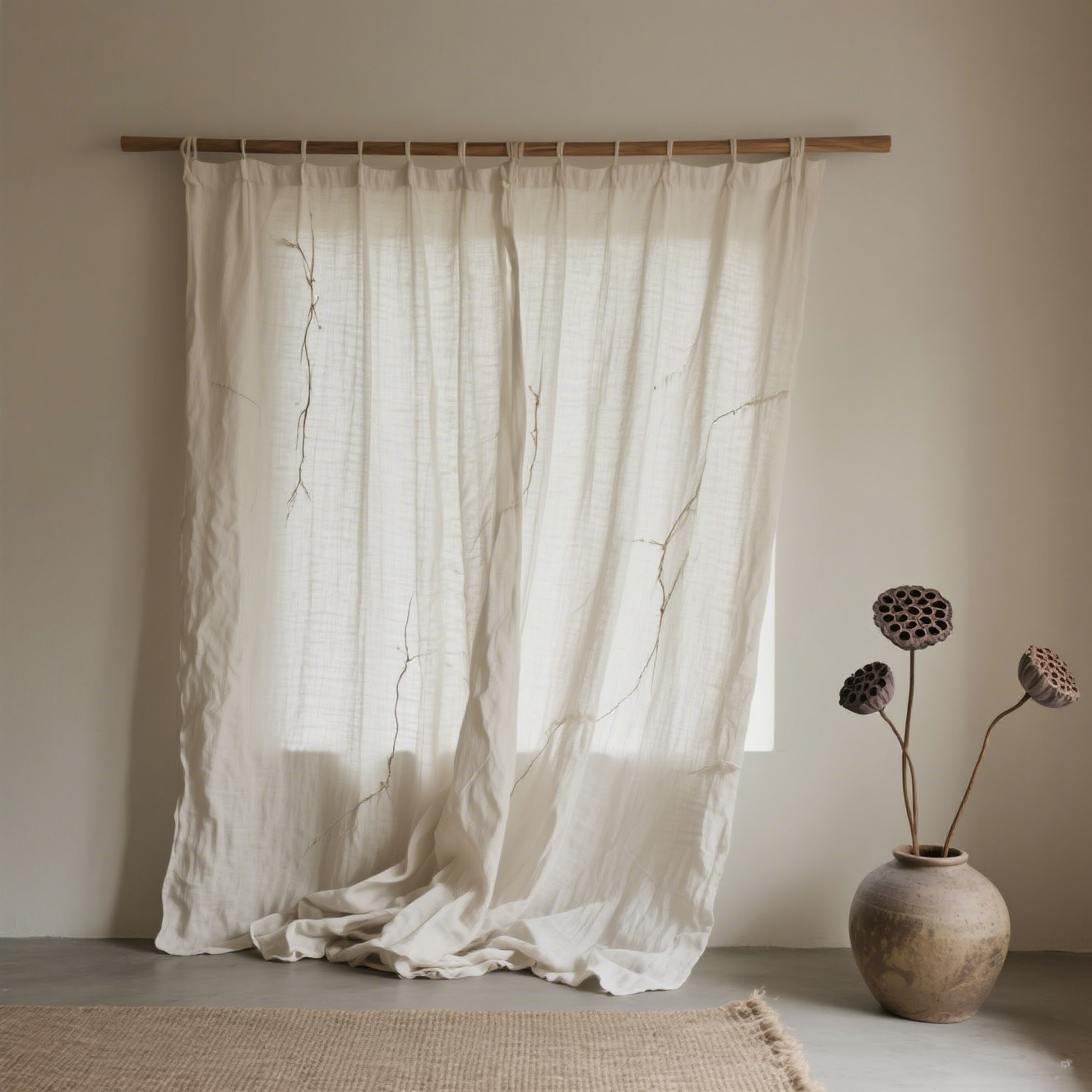 Cortina de lino estilo vintage colgada en ventana