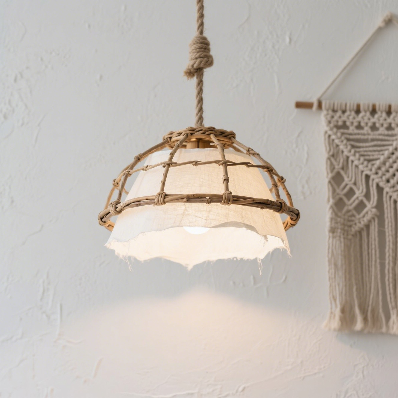 Lámpara colgante moderna minimalista instalada en cabecera de cama