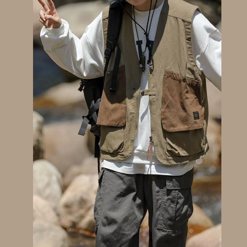 機能的なスタイルの男性用ゆったりノースリーブベスト マルチポケット・ジップ・ワークベスト