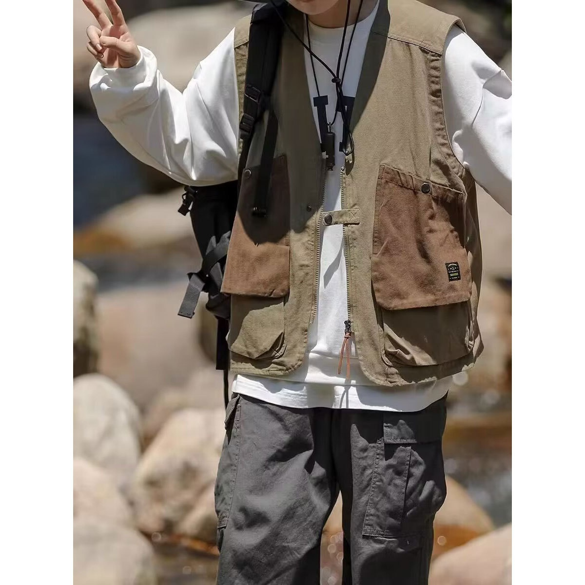 남성 루즈핏 기능성 나시 멀티 포켓 지퍼 민소매 빈티지 카고 베스트