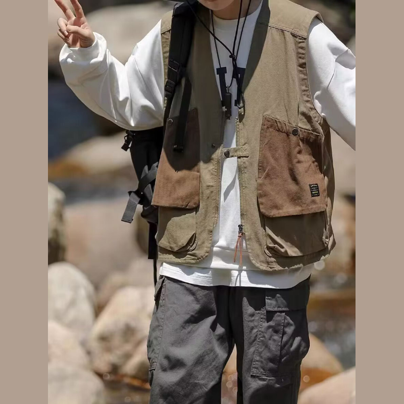 機能的なスタイルの男性用ゆったりノースリーブベスト マルチポケット・ジップ・ワークベスト