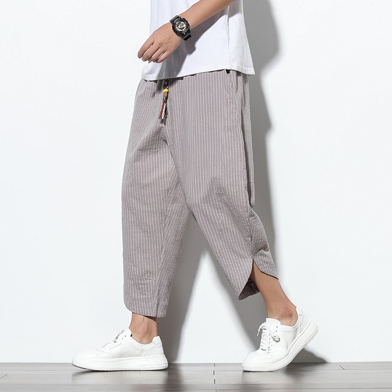 夏のゆったりリネンワイドパンツ メンズ・ルーズ・ワイド・レッグ・パンツ セブンポイント・ワイドパンツ ストライプのワイドパンツ