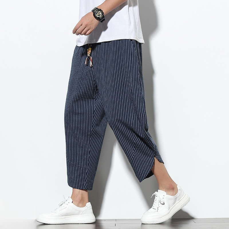 夏のゆったりリネンワイドパンツ メンズ・ルーズ・ワイド・レッグ・パンツ セブンポイント・ワイドパンツ ストライプのワイドパンツ