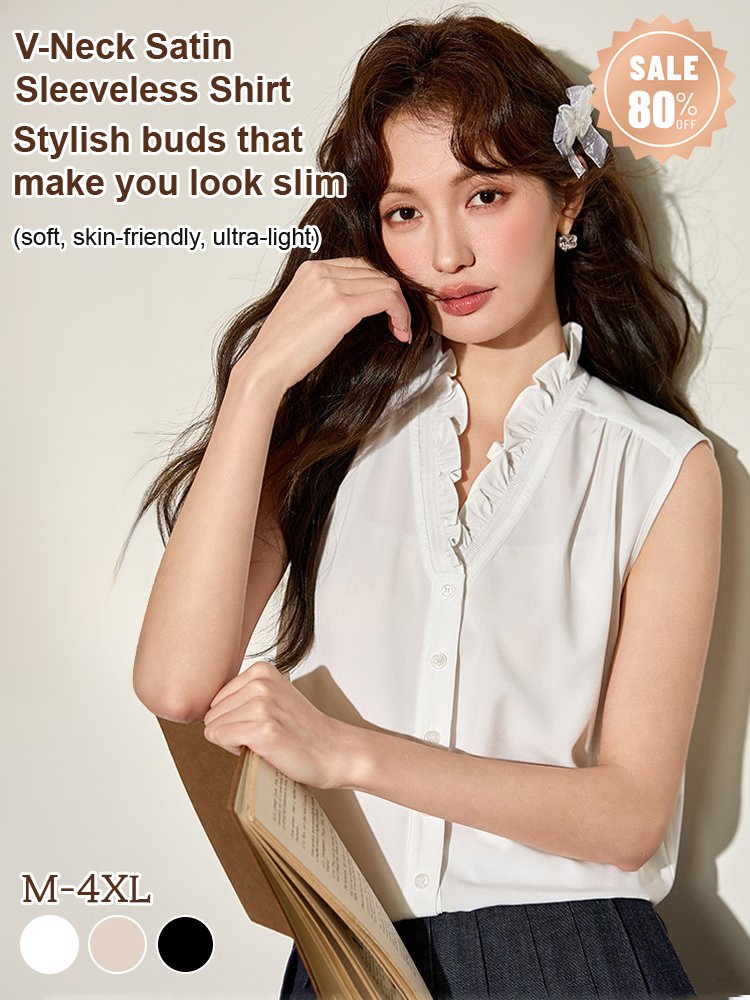 Slim-fit versatile floral V-neck satin sleeveless blouse