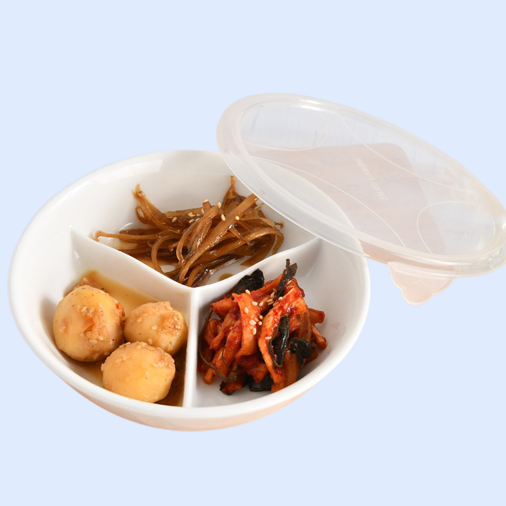 1+1 3칸 도자기 반찬통 찬기 원형 나눔접시 2p