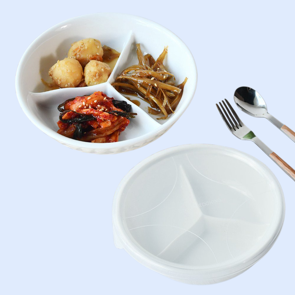 1+1 3칸 도자기 반찬통 찬기 원형 나눔접시 2p