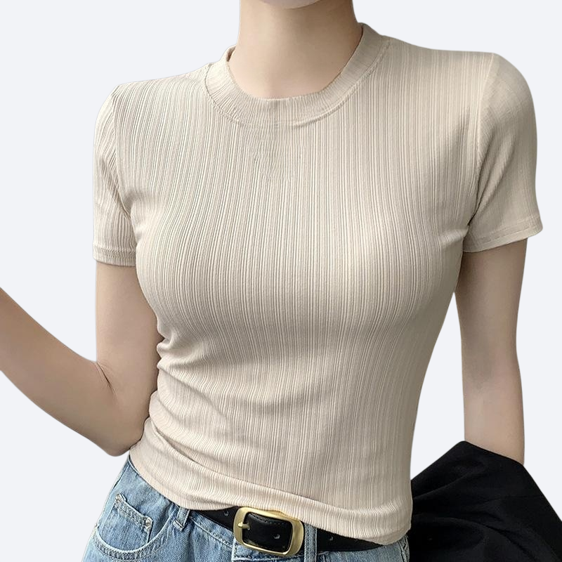 여성 단색 라운드 네크라인 스키니 반팔