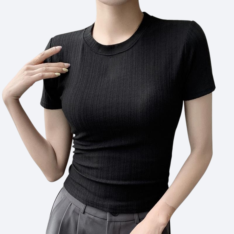 여성 단색 라운드 네크라인 스키니 반팔