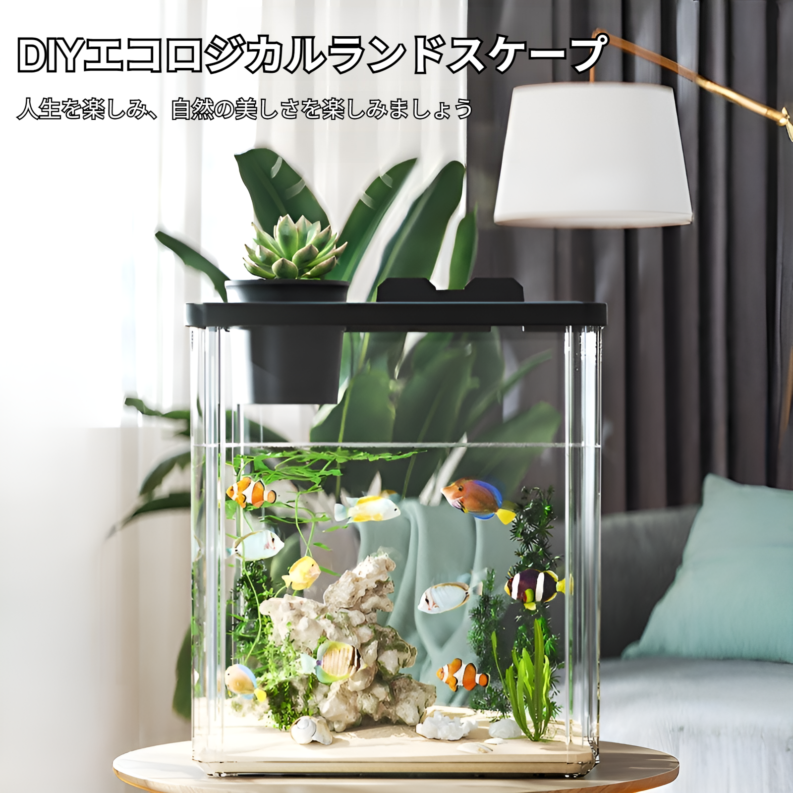 デスクトップの小さな魚の水槽、小さな造園の肥厚した生態学的なタンク、デスクの卓上格闘魚の水槽、金魚の水槽、水耕栽培の飼育箱