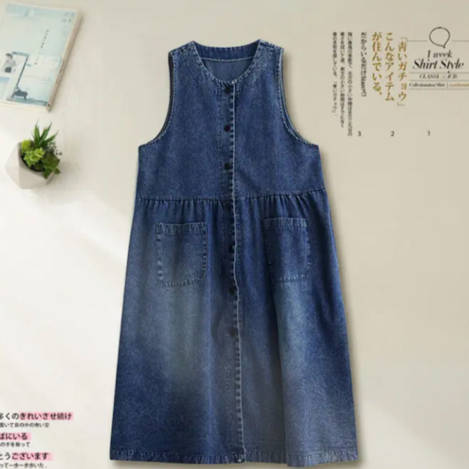 통통 Mm 여름 루즈핏 빈티지 데님 원피스 살 가리고 날씬해 보이는 미디 스커트 여 데님 나시 스커트