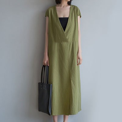 手作りVネック綿麻ワンピース レディース　体型カバー　ゆったり