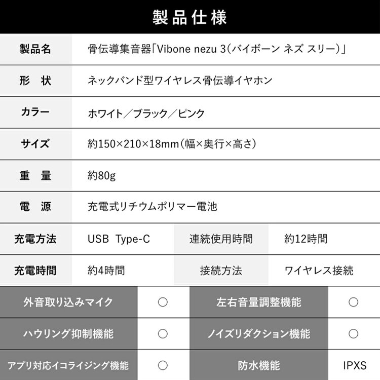「Vibone nezu 3 骨伝導集音器」ネックバンド型ワイヤレス骨伝導イヤホン