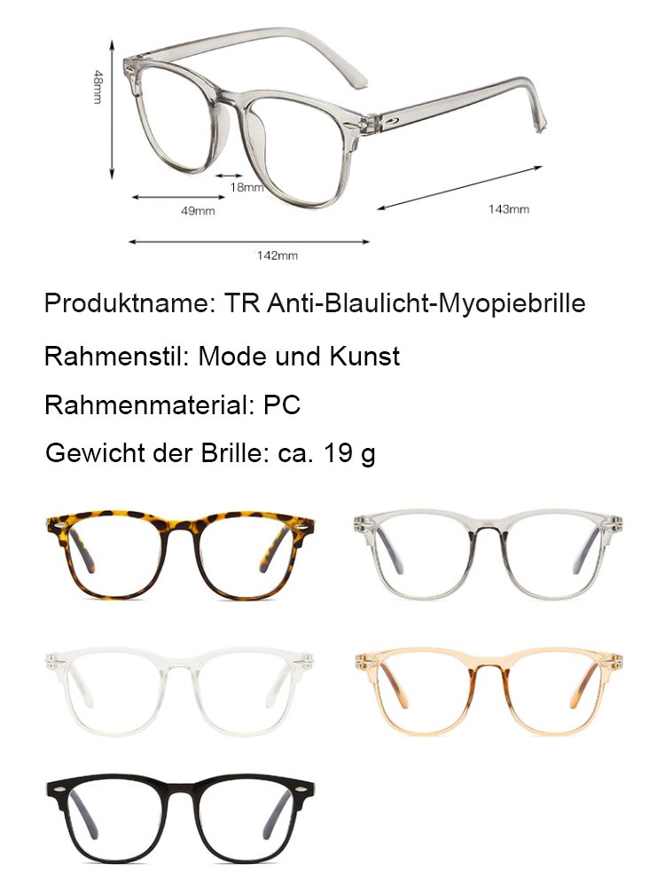 【Langanhaltender Tragekomfort ohne Druck auf die Nase】TR Blaulichtschutzbrille für Kurzsichtigkeit