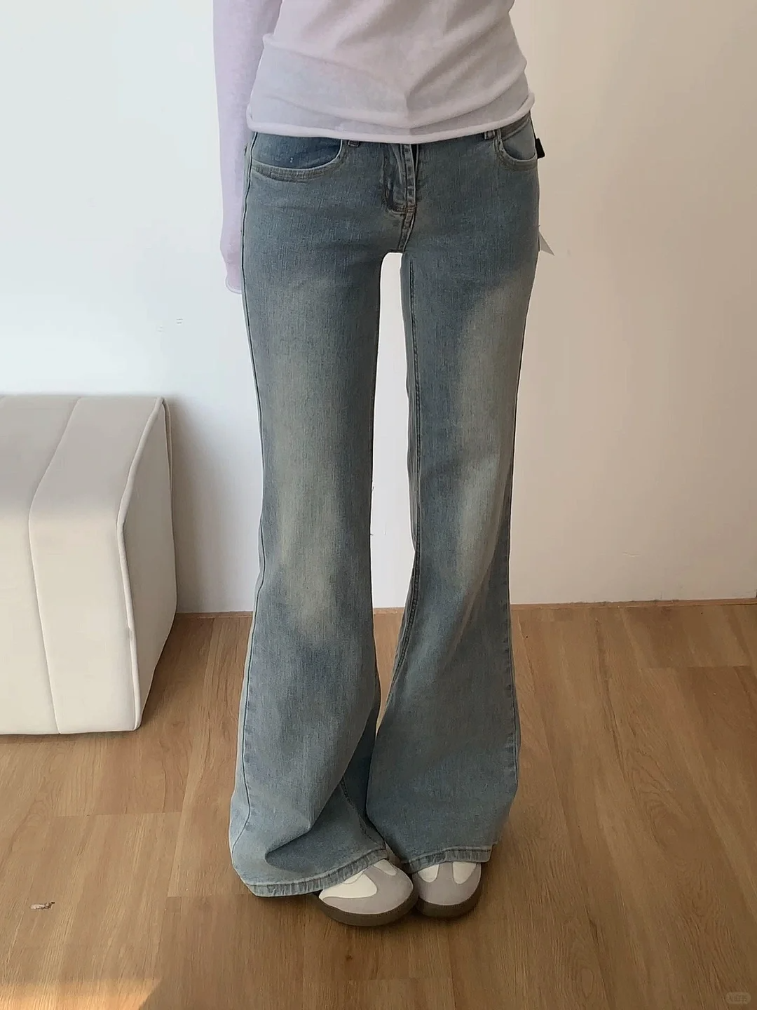 여성용 새로운 슬림핏 블루 그레이 플레어 진