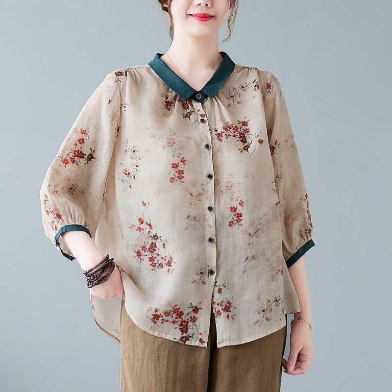 면마 프린트 셔츠 뚱뚱이 여동생 빅사이즈 여성복 칠부소매 셔츠 넥 감령 상의