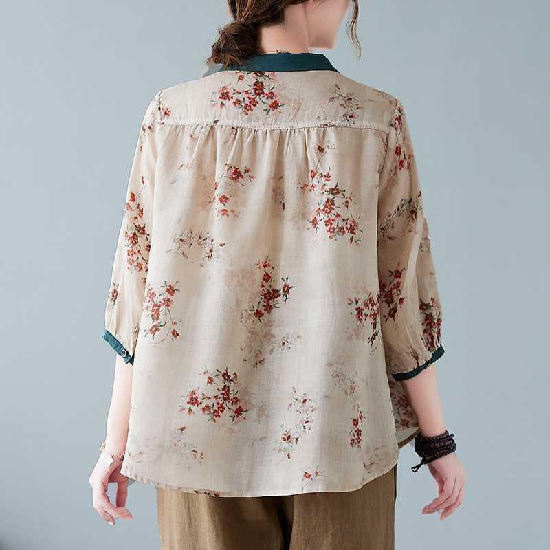 면마 프린트 셔츠 뚱뚱이 여동생 빅사이즈 여성복 칠부소매 셔츠 넥 감령 상의