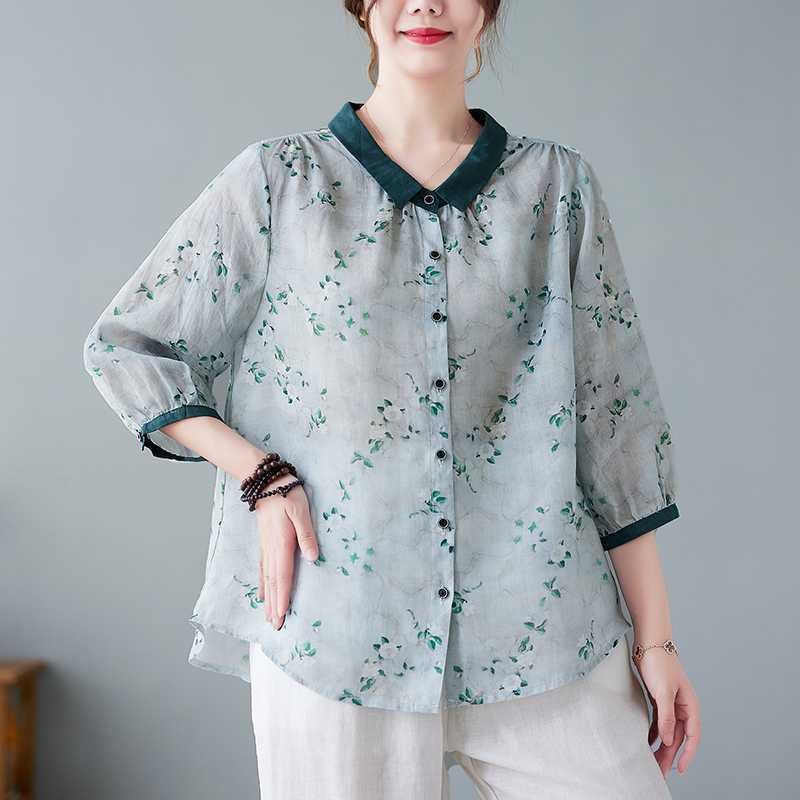 면마 프린트 셔츠 뚱뚱이 여동생 빅사이즈 여성복 칠부소매 셔츠 넥 감령 상의