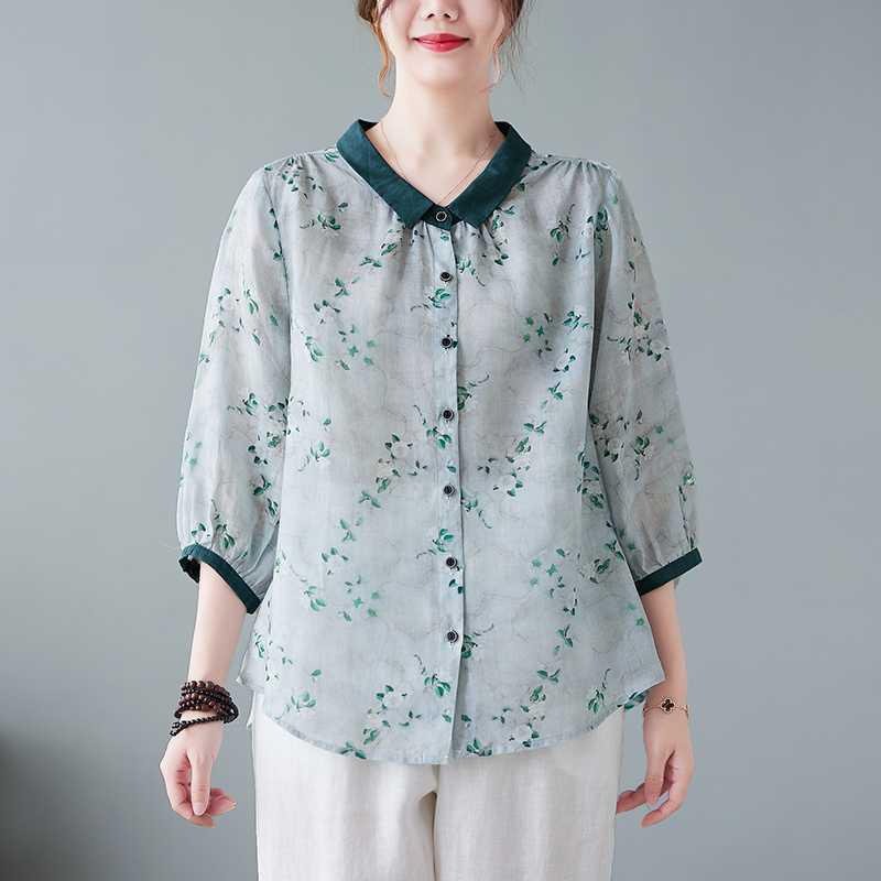 면마 프린트 셔츠 뚱뚱이 여동생 빅사이즈 여성복 칠부소매 셔츠 넥 감령 상의