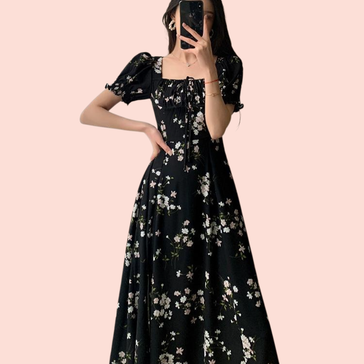 여름 쉬폰 트임 롱 원피스 반팔 플라워 미디 스커트