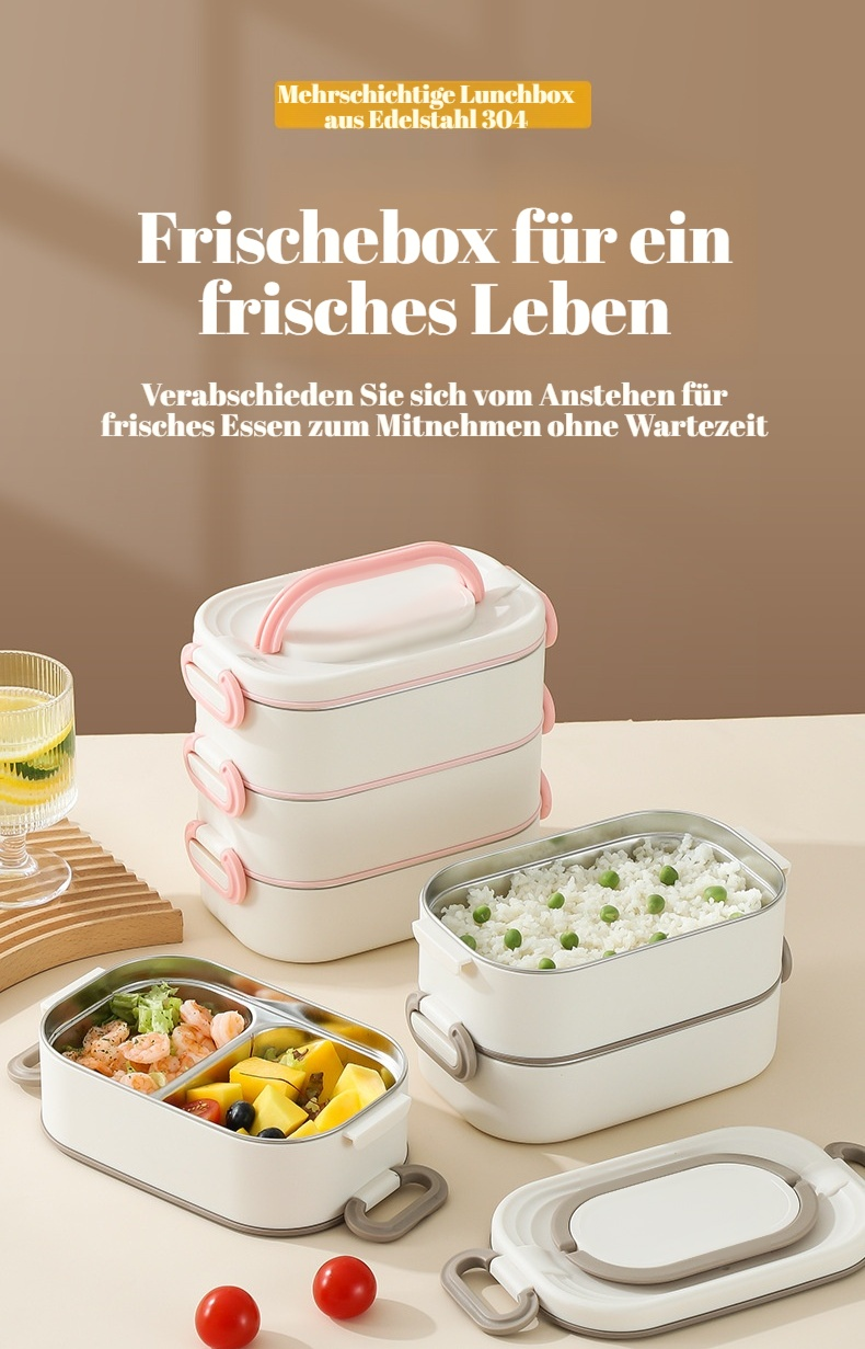 Die mehrschichtige, geruchsneutrale Lunchbox aus Edelstahl 304 kann in der Mikrowelle erhitzt werden