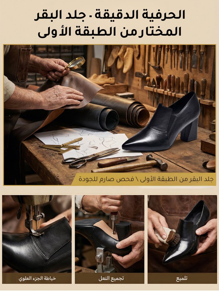 حذاء كعب عريض من الجلد الطبيعي الفاخر مع دعمالقوس لراحة الظهر والأقدام