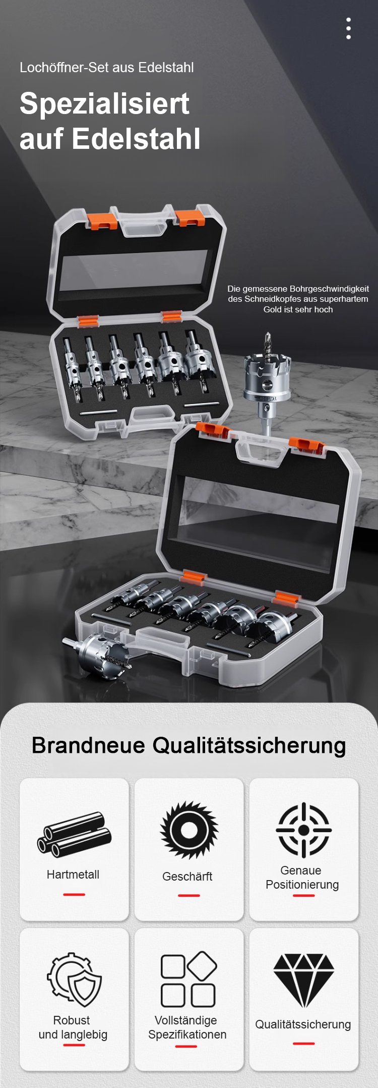 Lochöffner-Bohrer-Set aus Edelstahl – Komplettansicht