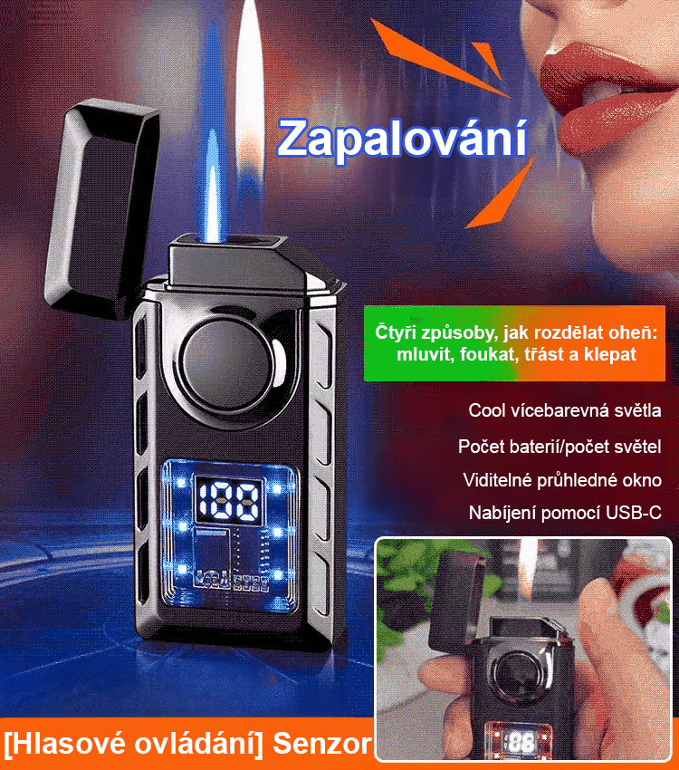 Hlasem ovládaný inteligentní zapalovač odolný proti větru.
