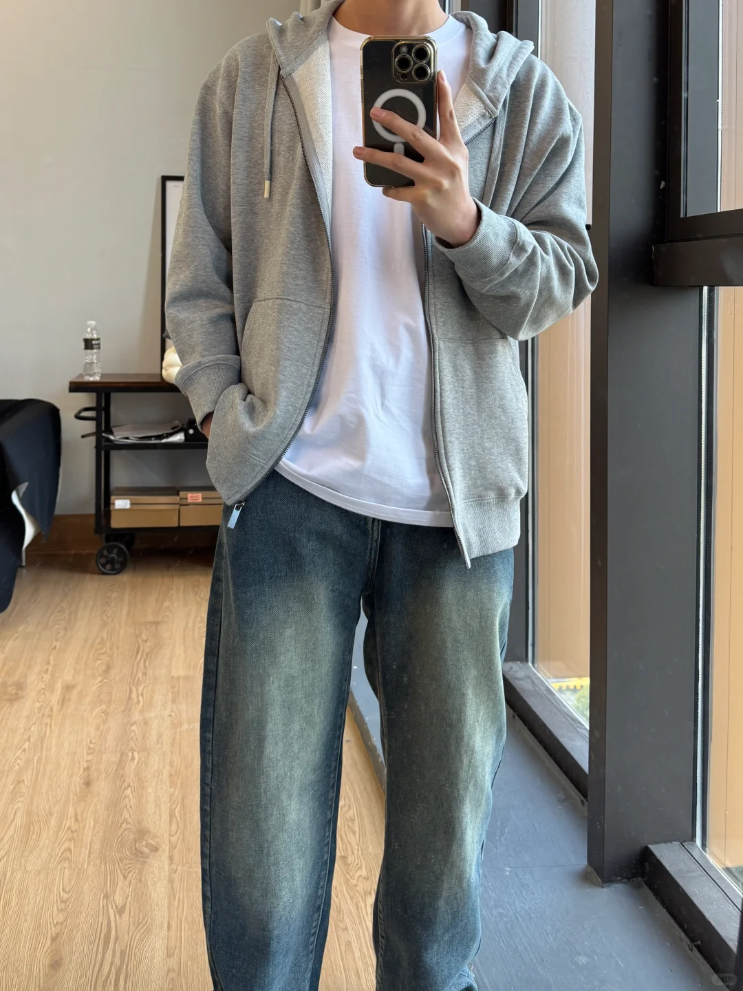 남성용 꽃무늬 그레이 후드 가디건 스웨트셔츠 봄 신작 루즈한 실루엣 남성용 지퍼 재킷