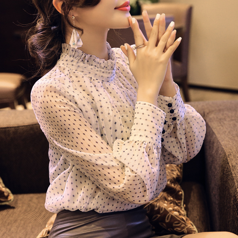 シャツ レディース 水玉シャツ 水玉柄 トップス シフォンシャツ リボンフリル Vネック 長袖 スリム チャーミング 可愛い デート 出張 通勤 OL 普段着 カジュアル フォーマル ロングシーズン