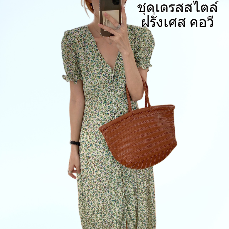 ชุดเดรสสไตล์ฝรั่งเศสโรแมนติกคอวีกระดุมแถวเดียวยาวปานกลางช่วงฤดูร้อน