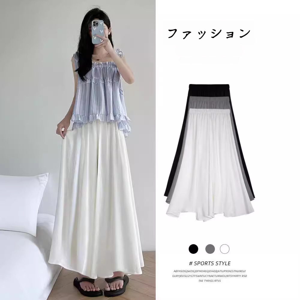 白いキュロットスカート女性夏薄い氷シフォンビスチェ小さなカジュアルハイウエストドレープワイドパンツスカート