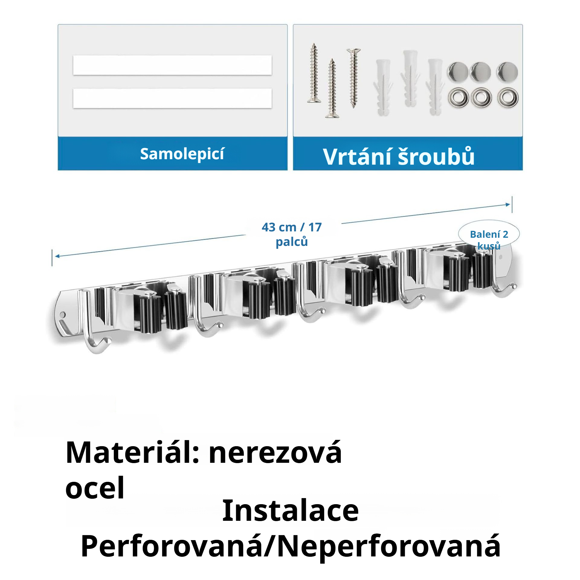 Nástěnný multifunkční držák na smeták a mop bez vrtán