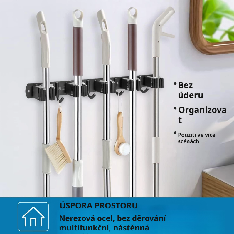 Nástěnný multifunkční držák na smeták a mop bez vrtání detail