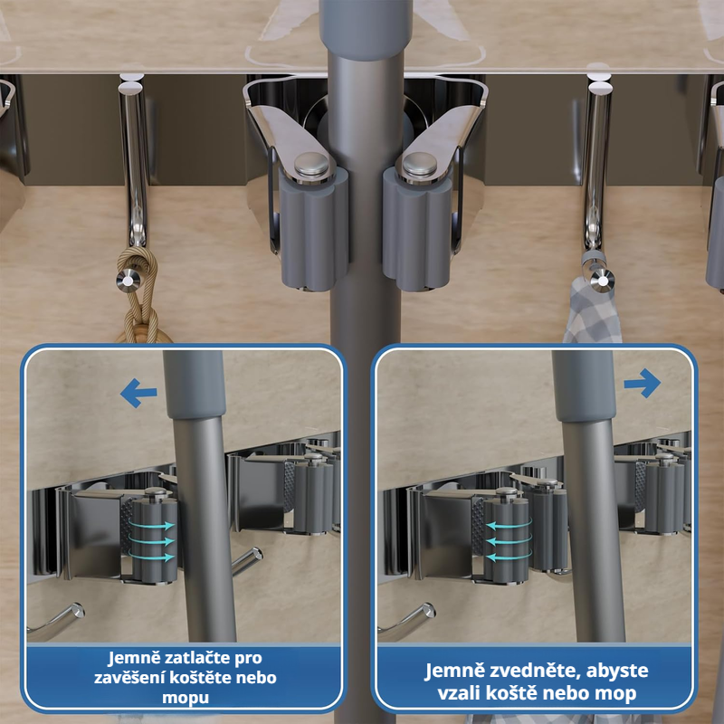 Nástěnný multifunkční držák na smeták a mop bez vrtán