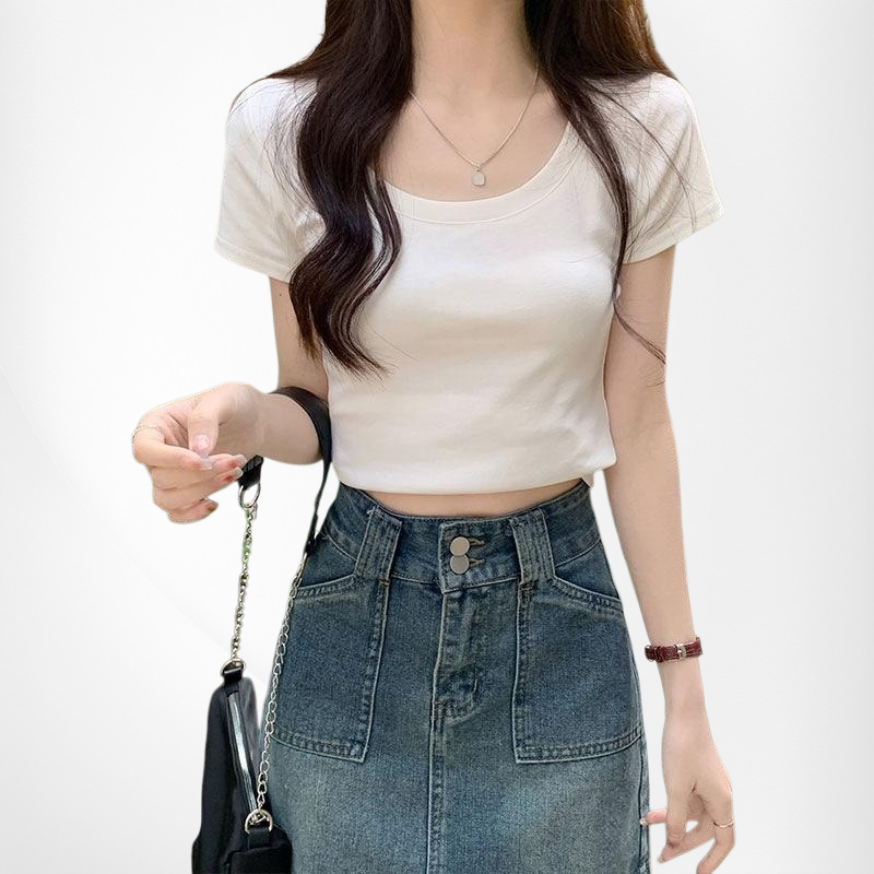 Damen Skinny Stretch Kurzarm Rundhals T-Shirt