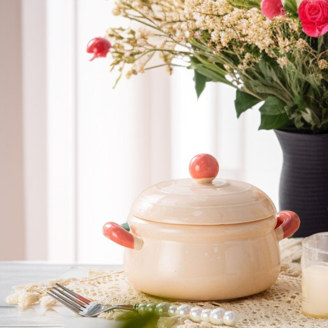 Wysokiej jakości miska ceramiczna z pokrywką do zupek błyskawicznych, styl niszowy