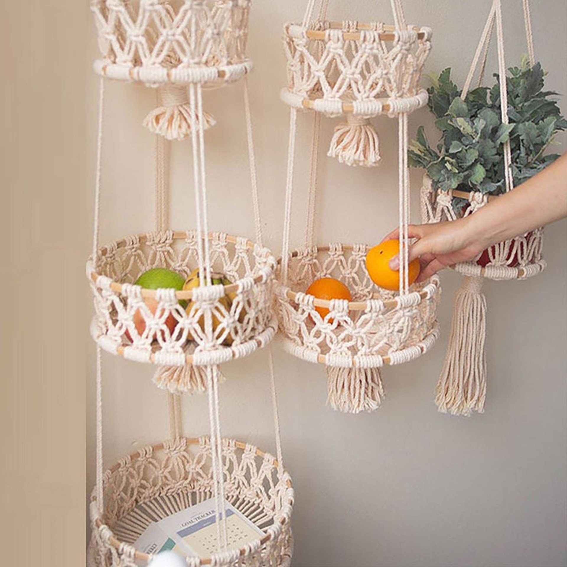 Cesta de almacenamiento de cuerda de algodón tejida a mano, cesta para colgar en la pared de frutas 