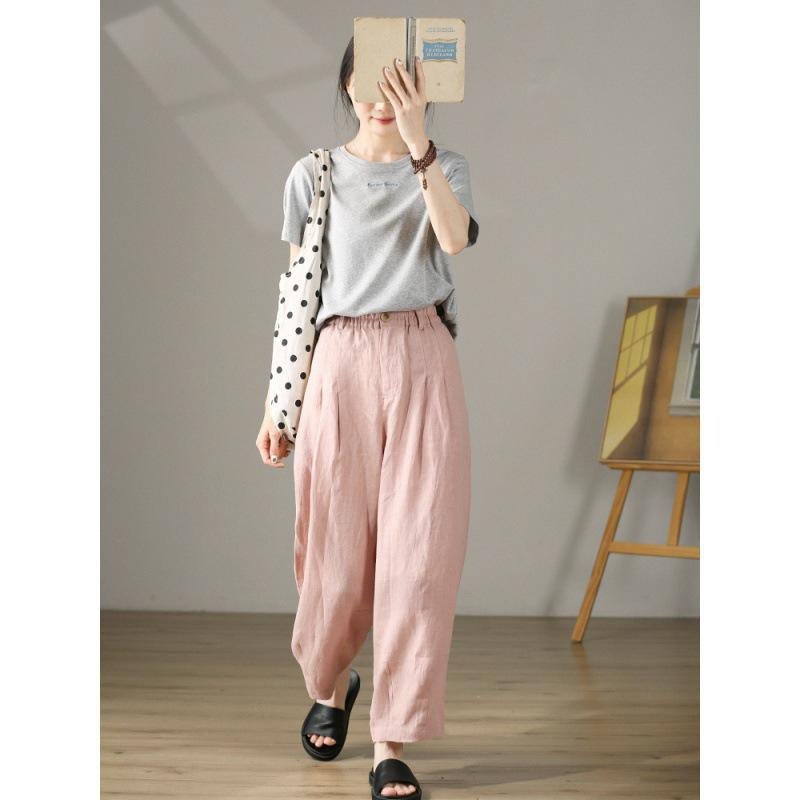 핀턱 린넨 빈티지 와이드 슬림핏 핑크 캐주얼 바지 여 여름 얇은 면 마 하이웨스트 와이드 9부 바지