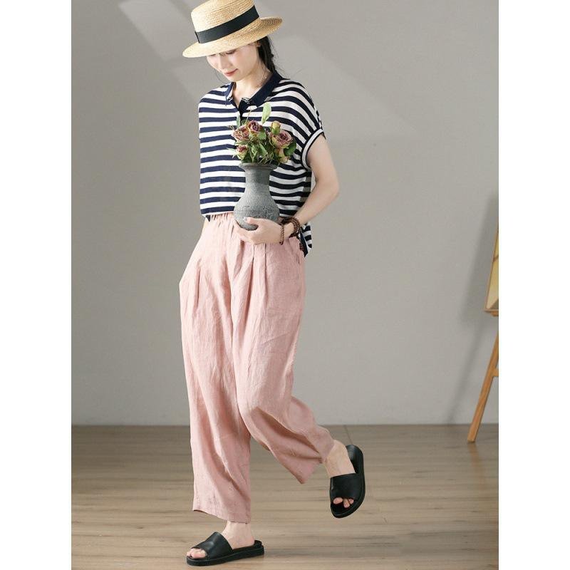 핀턱 린넨 빈티지 와이드 슬림핏 핑크 캐주얼 바지 여 여름 얇은 면 마 하이웨스트 와이드 9부 바지