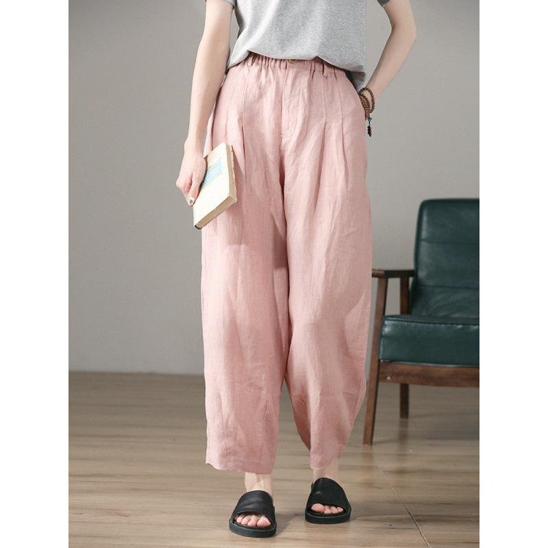 핀턱 린넨 빈티지 와이드 슬림핏 핑크 캐주얼 바지 여 여름 얇은 면 마 하이웨스트 와이드 9부 바지